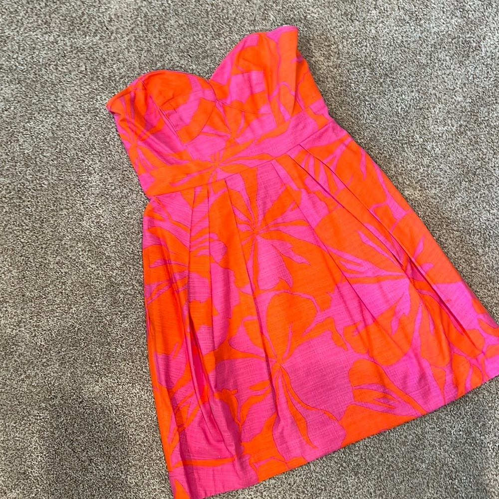 Shoshanna Strapless Floral Fit-and-Flare Dress in Hot Pink and Orange